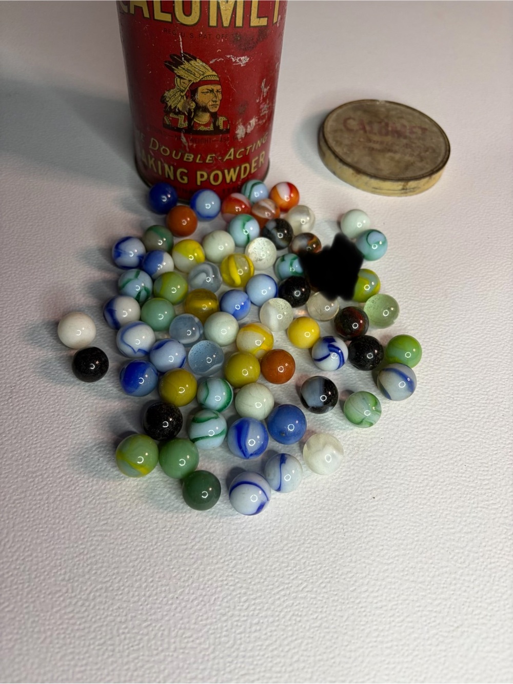 Vintage Lot of 66 Glass Marbles + Antique Calumet Baking Powder Tin Mid Century
